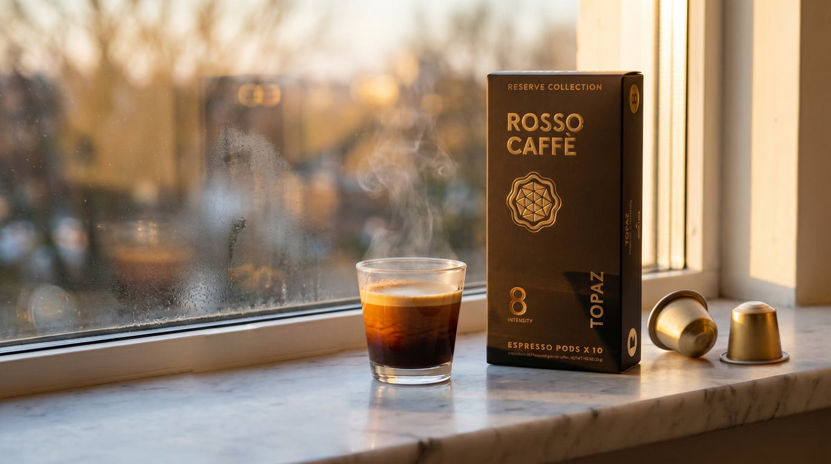 Rosso espresso capsules with iced coffee being poured